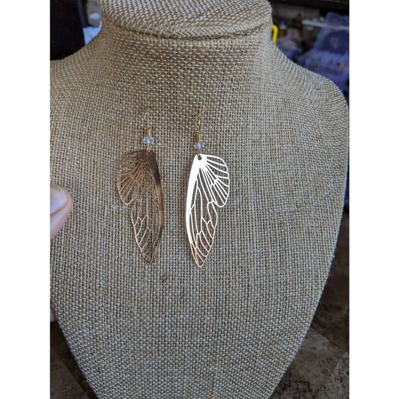 Gold Butterfly Wing Earrings; Cicada Wing Charms; Gold Plated; Laser Cut; Handma - Picture 2 of 10